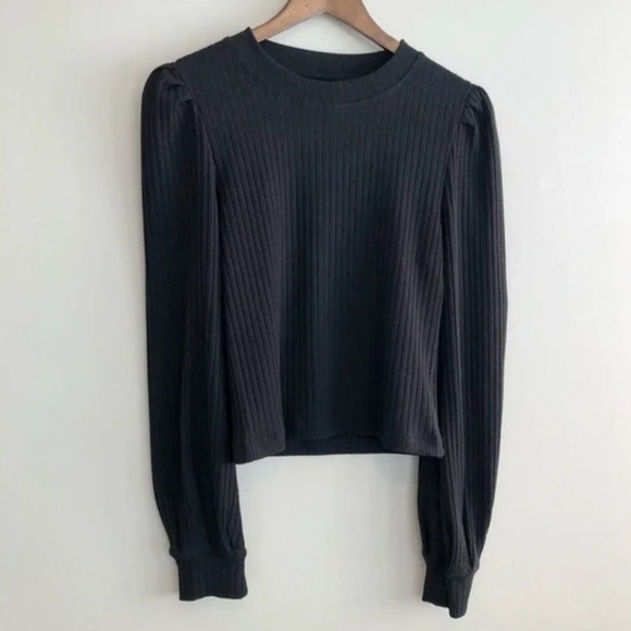 Monk & Lou Ribbed Knitted Knit Puff Long Sleeve Comfy Crop Top Shirt Black - Picture 7 of 7